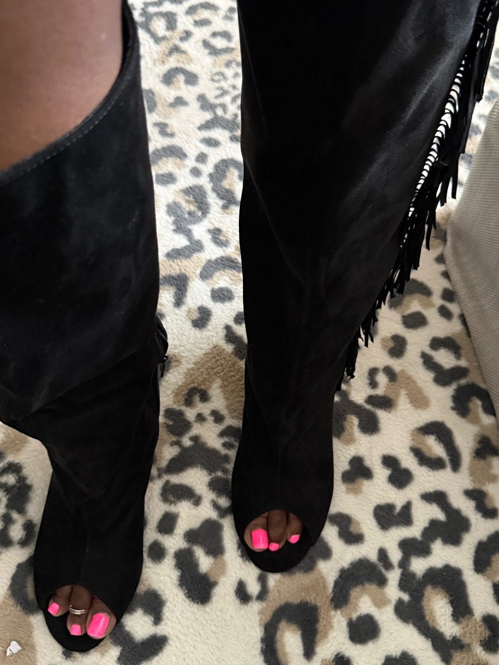 Fashion Nova Open Toe Black Suede Over-the-Knee Fringe Boots